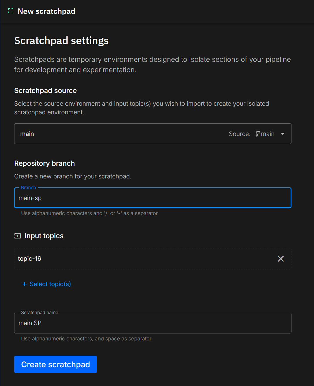 Scratchpad Creation View