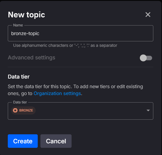 Add Topic with Data Tier Selection