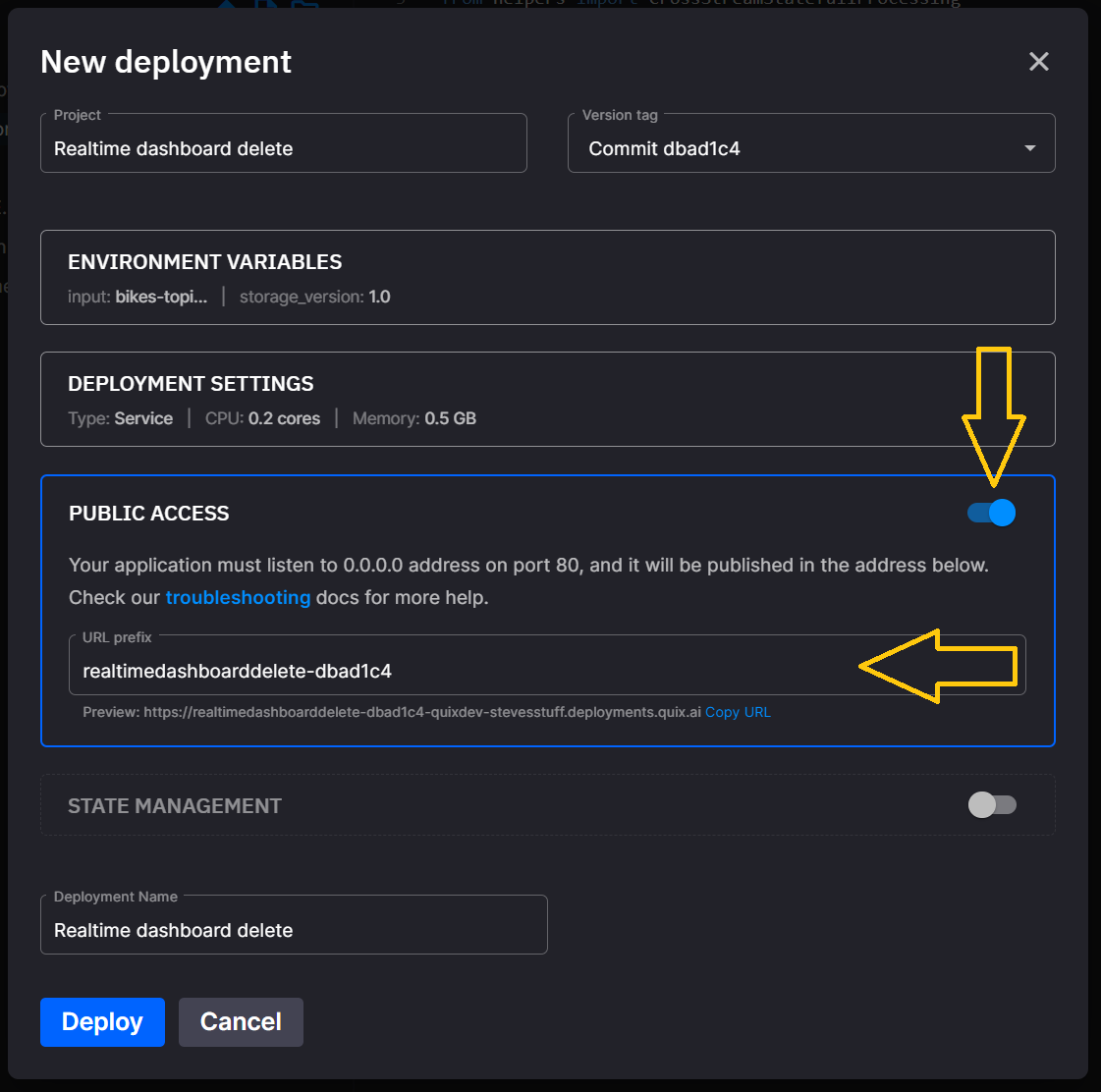 Deployment dialog