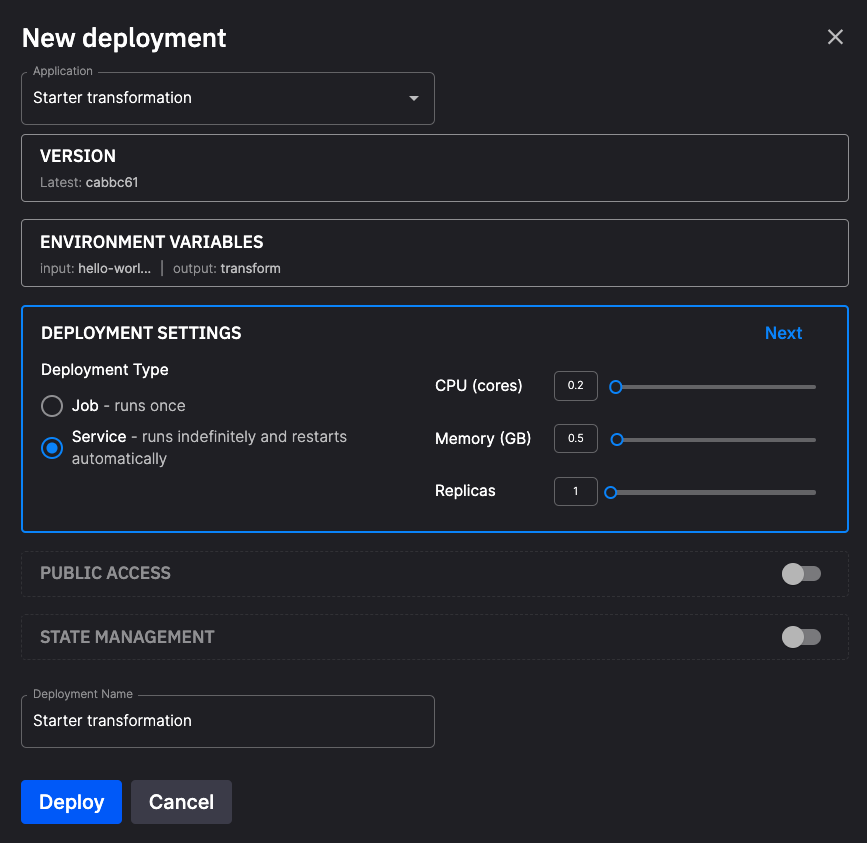 Deployment settings